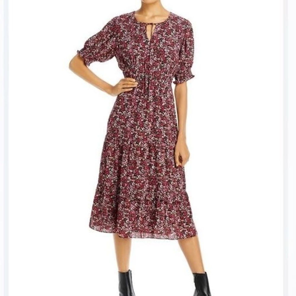 AQUA Midi Dress Women's S Floral Multi Front Tie Keyhole Tiered Skirt Side Zip